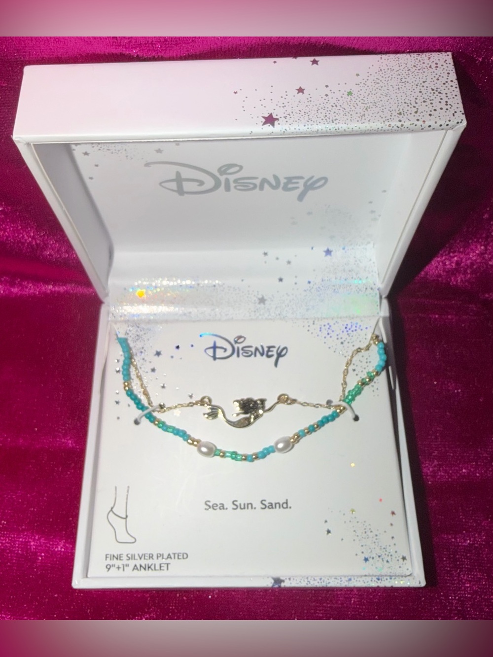 Disney Turquoise Beaded Mermaid Anklet with Pearls and Gold Tone Chain